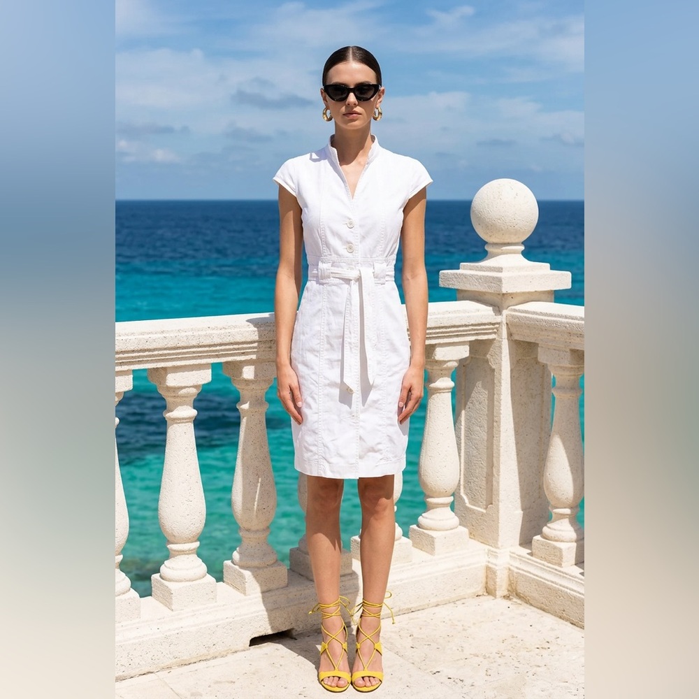 Calvin Klein White Cap-Sleeve Belted Shirt Dress